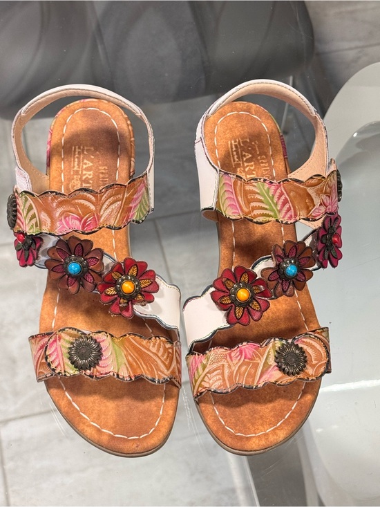 Shoes - Leather Floral Embellished Women's Sandals - Pink/Tan